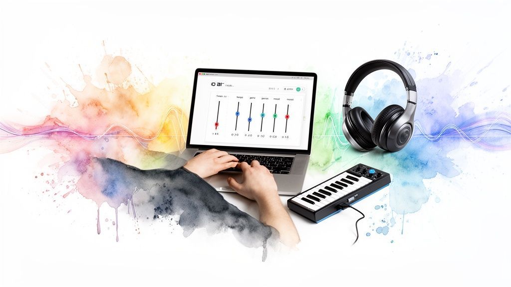 Person creating music on a laptop with software, headphones, and a MIDI keyboard.