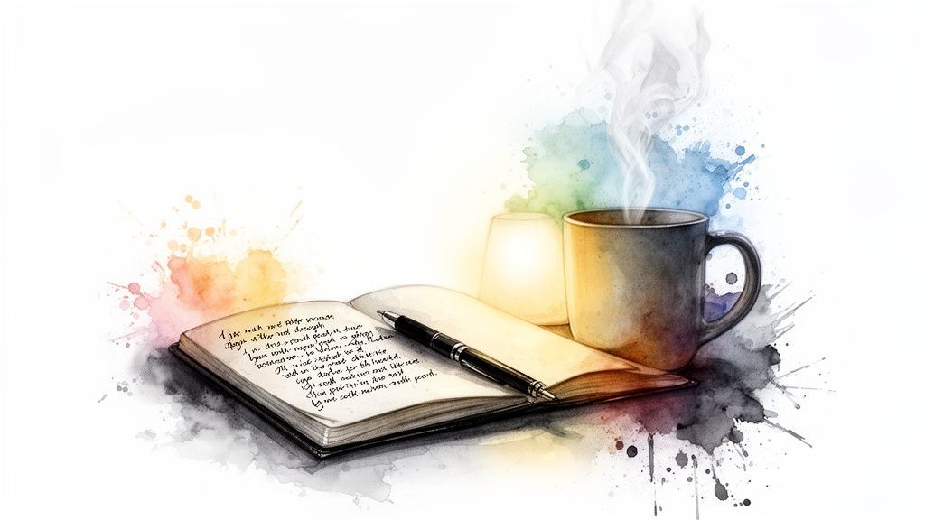Cozy watercolor scene with an open journal, pen, hot drink, and warm light amidst colorful splatters.