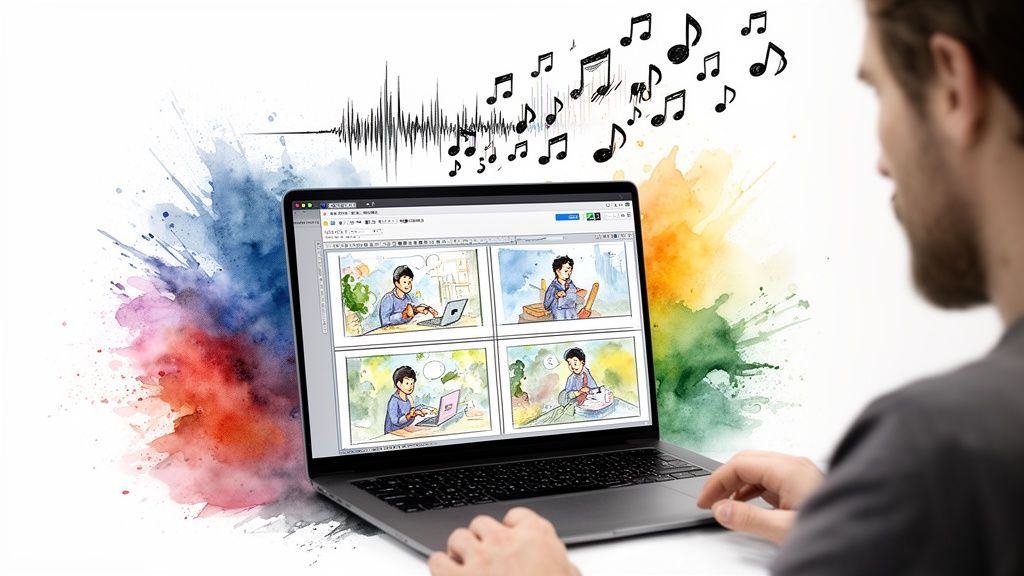 A person views a laptop showing a four-panel comic storyboard with music notes and watercolor art.