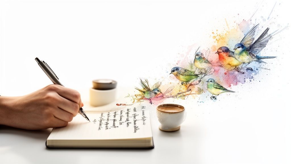 A hand writes in a notebook, while colorful watercolor birds emerge with paint splashes, next to a coffee cup.