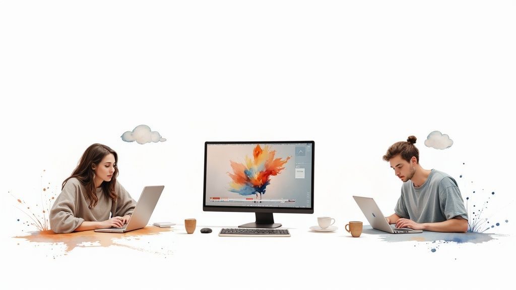 Two individuals working on laptops, separated by a monitor displaying vibrant digital art.