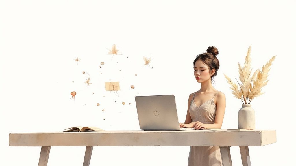 An elegant woman uses a laptop at a minimal desk, surrounded by abstract floating elements.