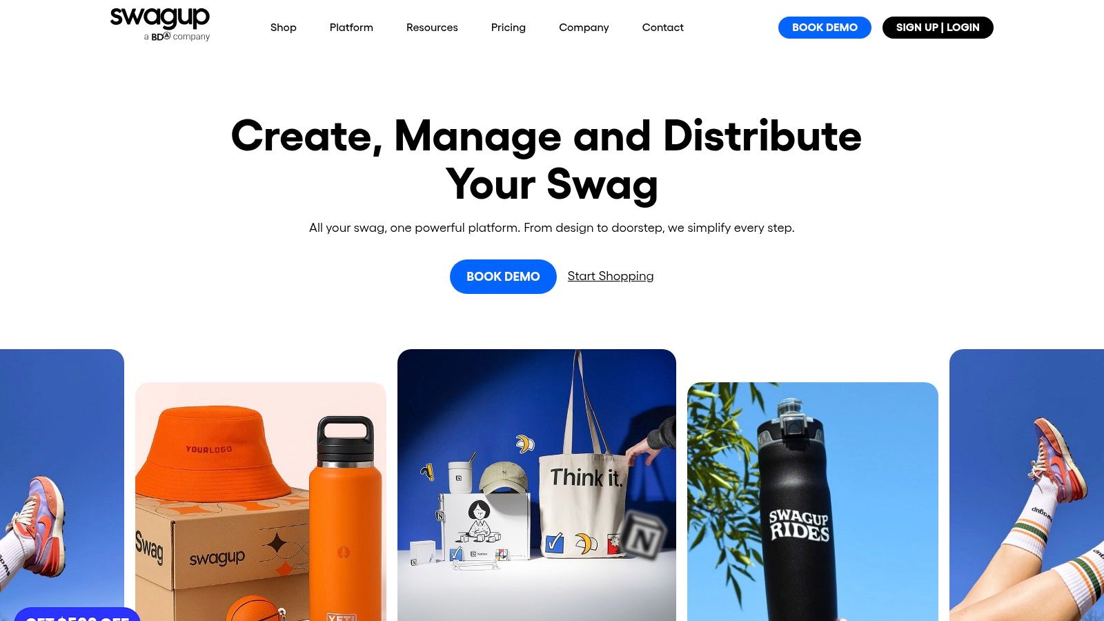 A curated swag box from SwagUp with a branded mug, notebook, and pen, showing personalized corporate gift ideas