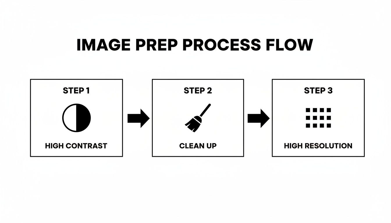 Flowchart illustrating a three-step image preparation process: high contrast, clean up, and high resolution.
