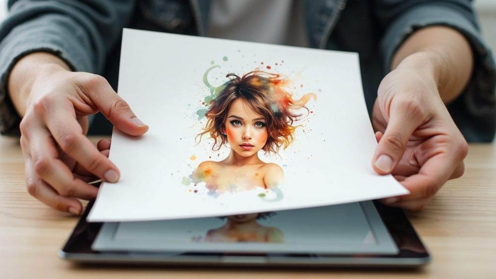 Hands holding a printed vibrant watercolor portrait of a woman above a tablet.