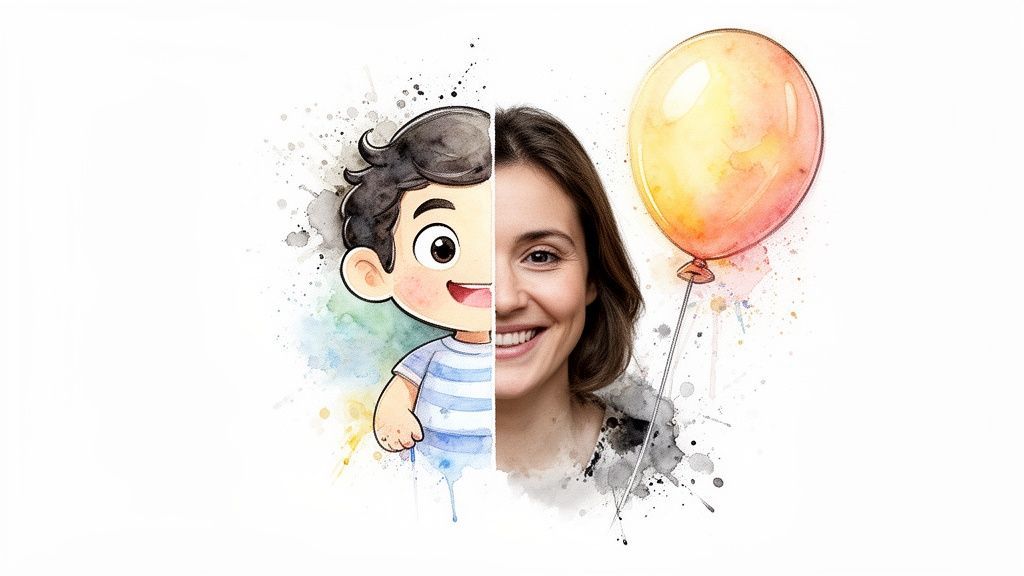 Watercolor art of a happy boy merged with a smiling woman and a vibrant yellow balloon.