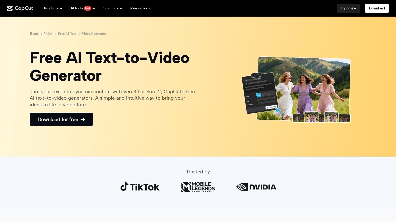 CapCut's free text to video generator interface showing prompt and style options