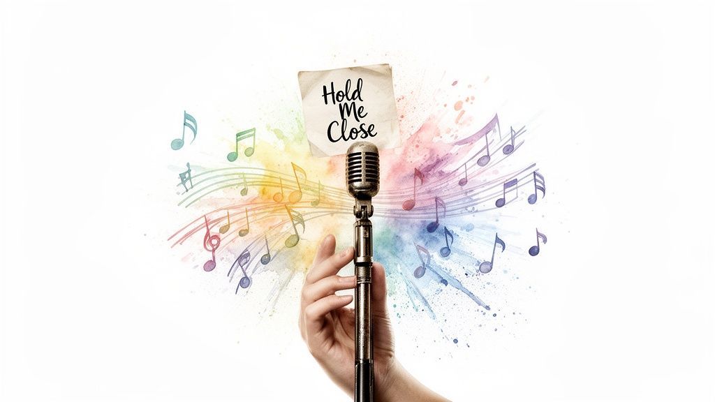 A hand holds a vintage microphone with a 'Hold Me Close' note, surrounded by colorful watercolor musical notes.