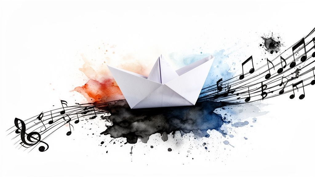 A white paper boat sails on a wave of colorful watercolor and musical notes.