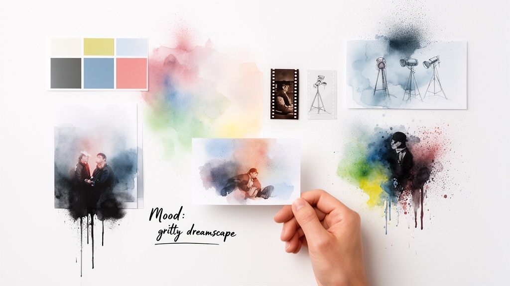 A creative mood board featuring watercolor art, film strips, a color palette, and the text 'gritty dreamscape'.
