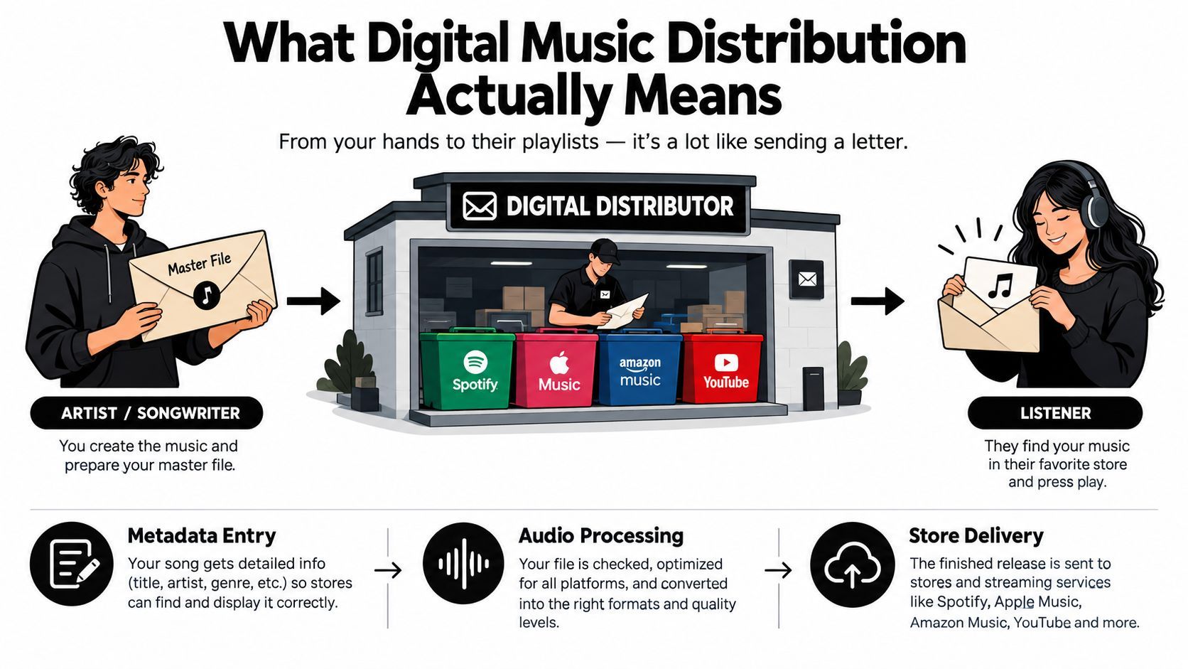 An infographic showing the digital music distribution process from artist creation to listener streaming on platforms.