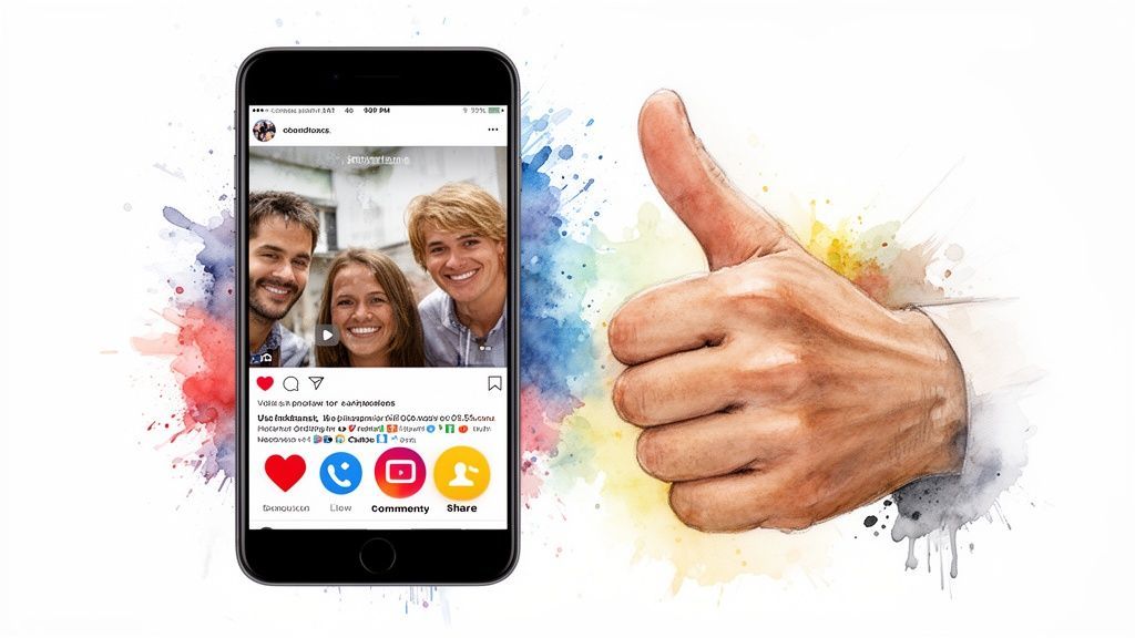 A smartphone displays a social media post with smiling friends, next to a watercolor thumbs up.