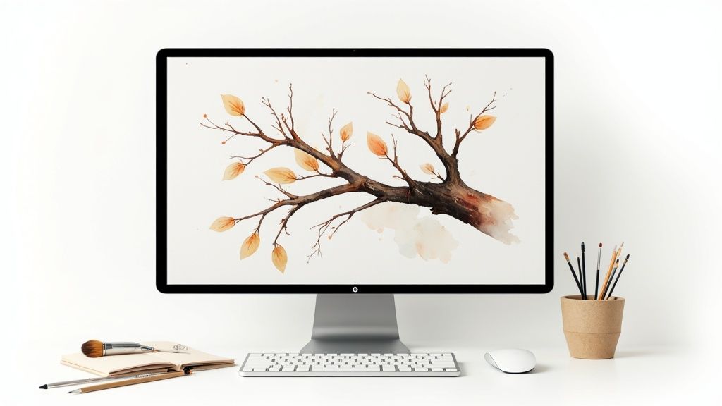 A computer monitor displays a watercolor of an autumn tree branch on a white desk with art supplies.