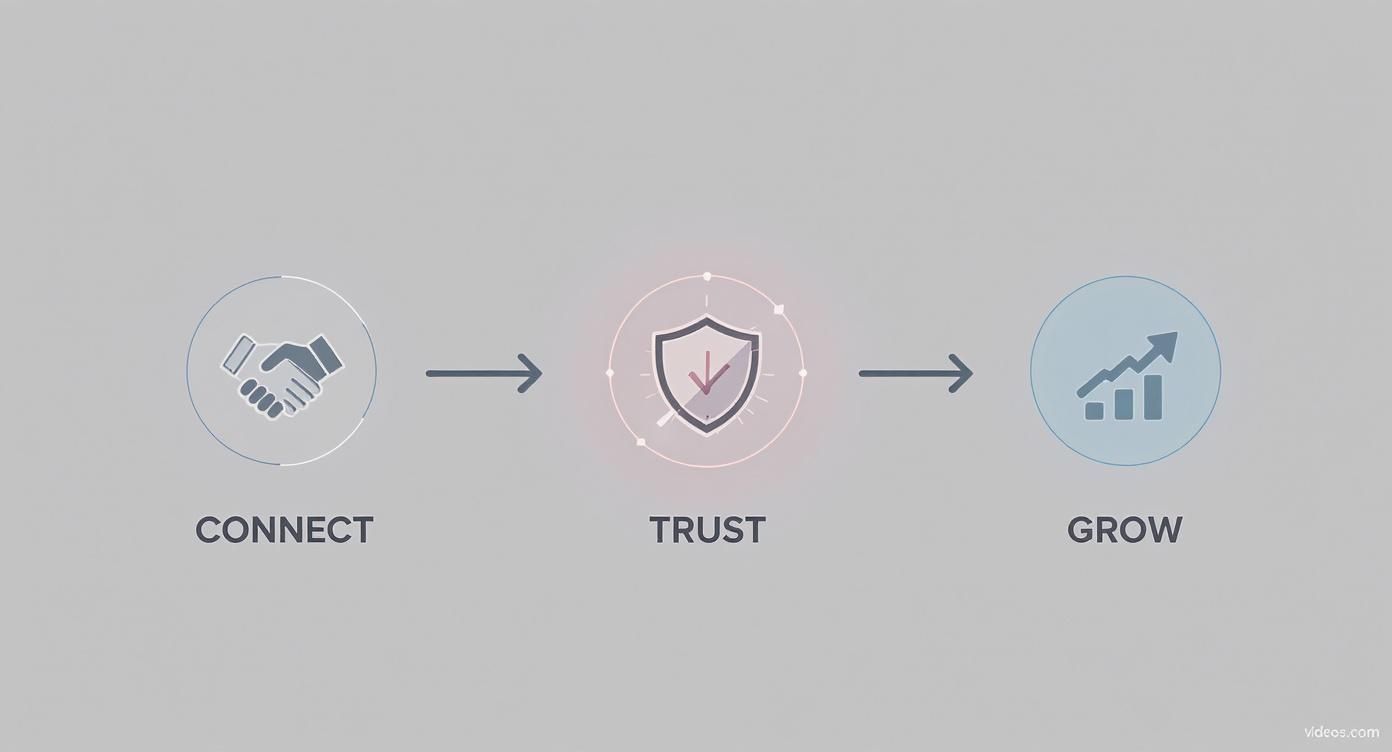 A three-step process showing 'Connect' (handshake), 'Trust' (shield), and 'Grow' (chart) with arrows.