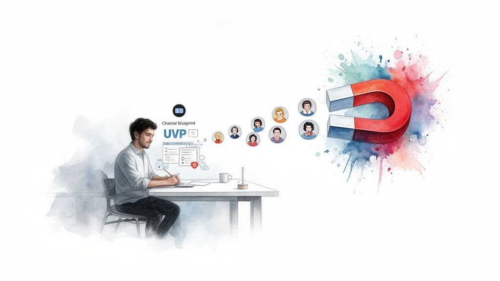 Man creating a channel blueprint and unique value proposition to attract diverse subscribers, symbolized by a magnet.