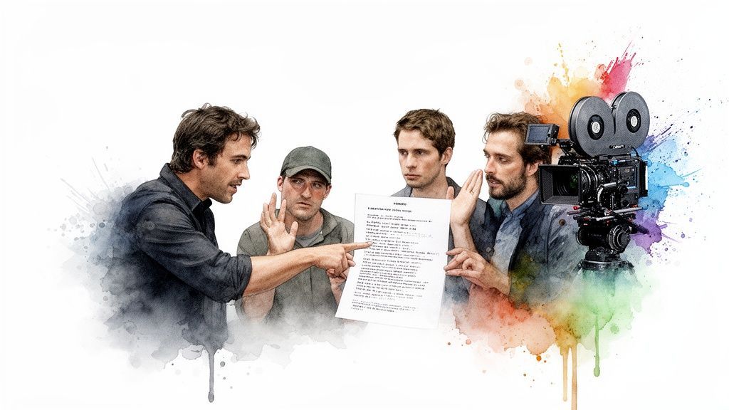 Four men, a film crew, discuss a script in a vibrant watercolor illustration with a vintage camera.