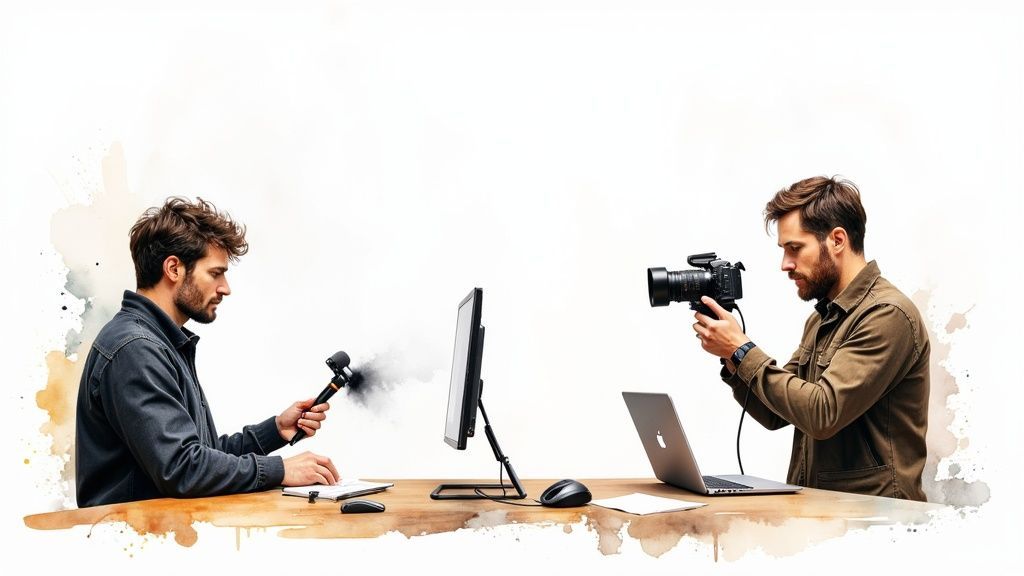 Two media professionals collaborating at desk with computer, microphone and video camera equipment