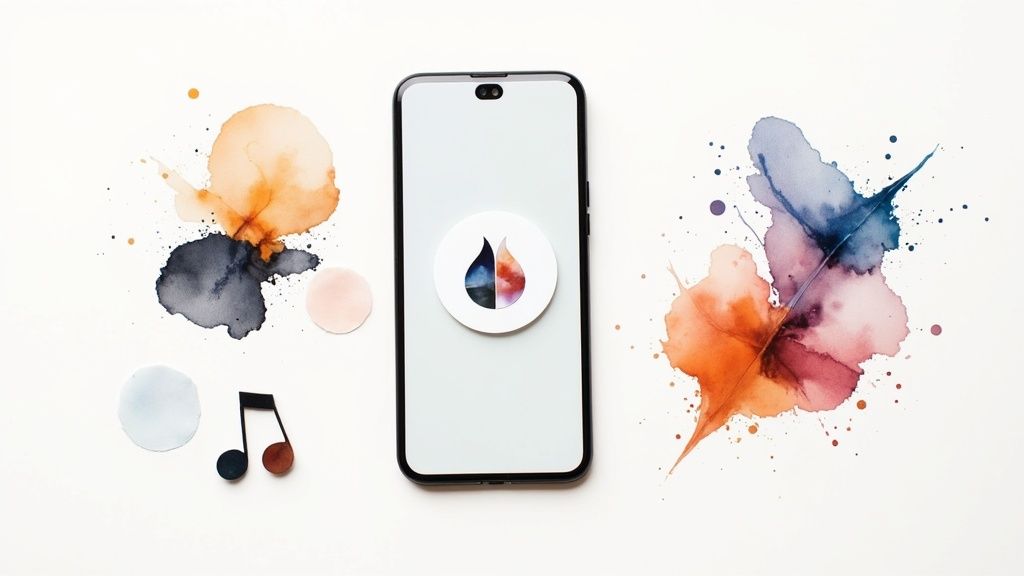 A smartphone with a vibrant flame logo surrounded by watercolor splashes and a musical note.