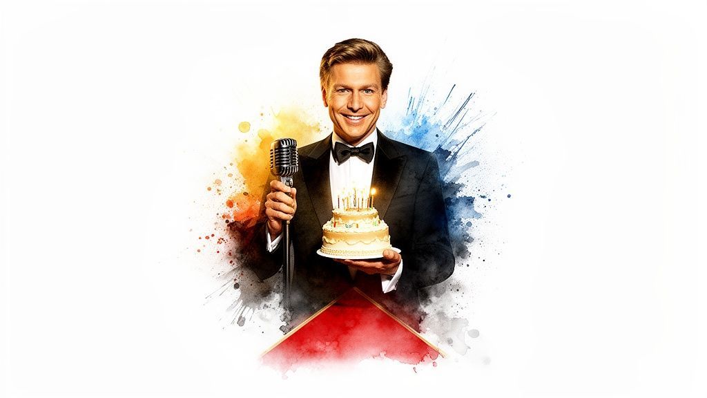 A smiling man in a tuxedo holds a vintage microphone and a birthday cake with lit candles, surrounded by colorful watercolor splatters.