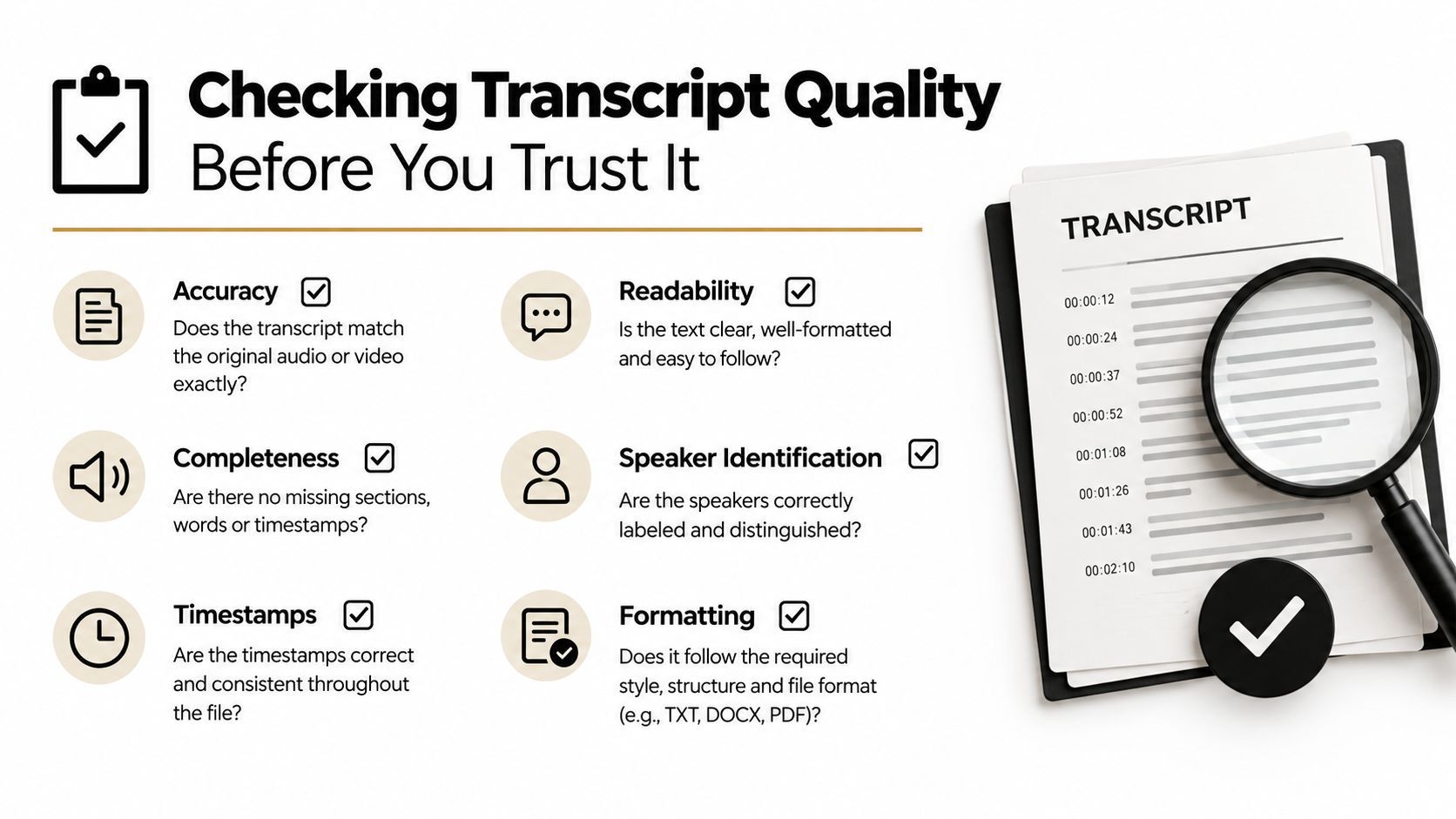 An infographic titled Checking Transcript Quality listing six essential criteria for evaluating the accuracy and professionalism of transcripts.