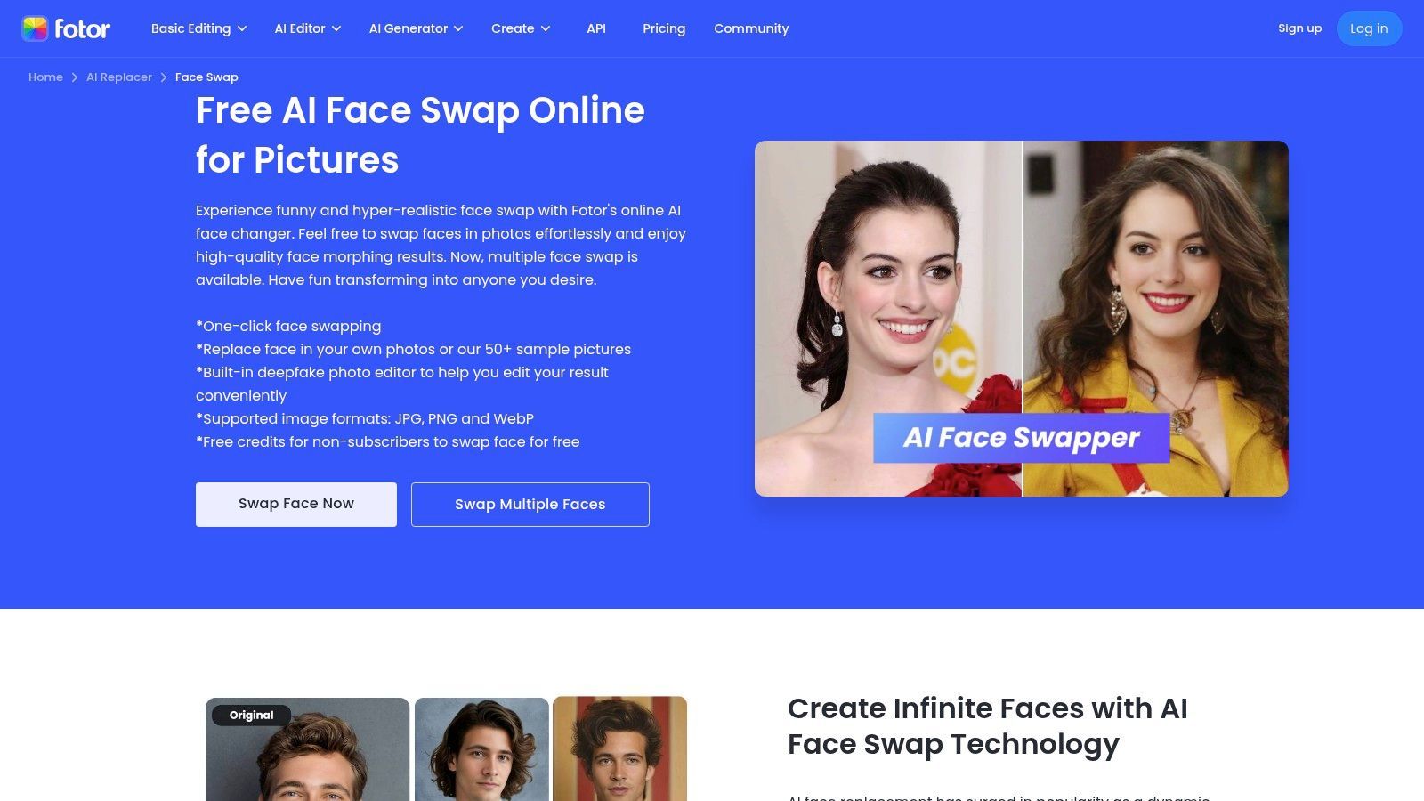 Fotor's face swap interface showing an original image and the swapped result.