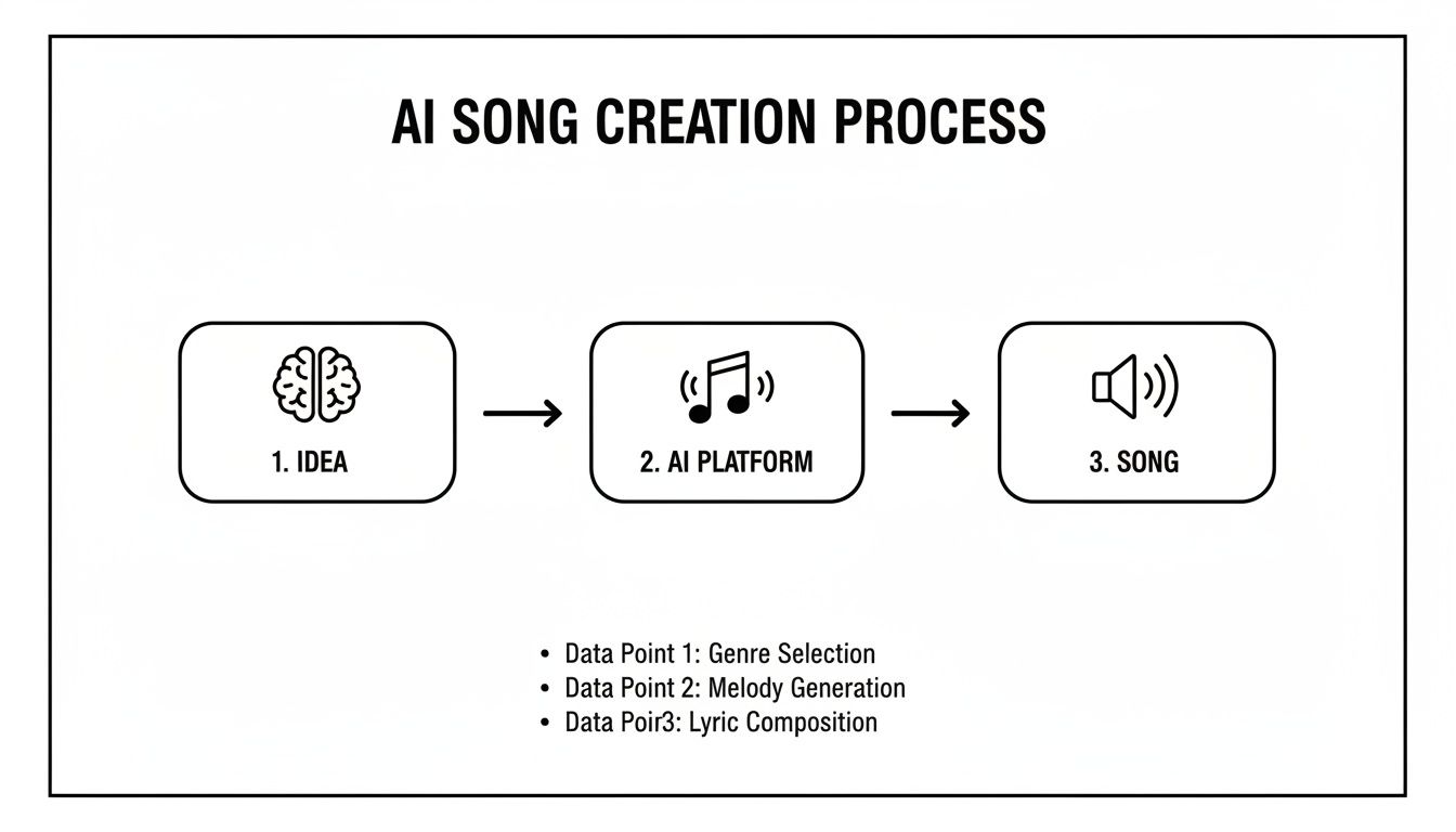 Diagram illustrating the AI song creation process with steps: idea, AI platform, and a final song.