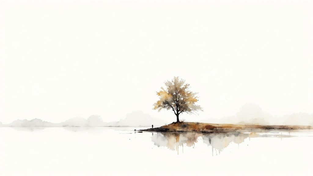 A serene minimalist watercolor painting featuring a lonely tree, its reflection, and a small figure by water.