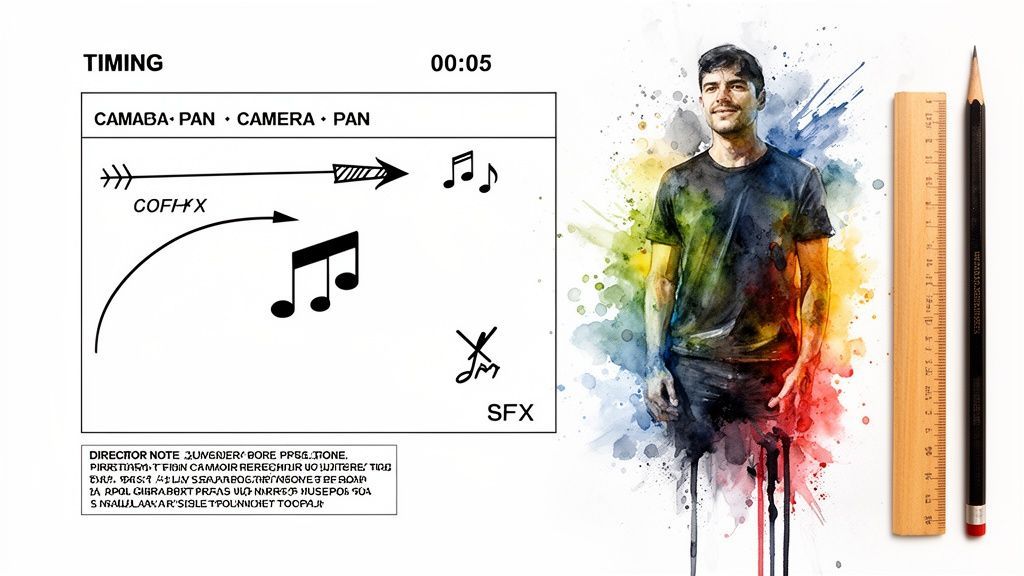 A storyboard frame detailing timing and camera pan, next to a watercolor portrait of a man, a ruler, and a pencil.