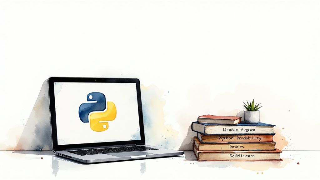 A watercolor illustration of a laptop displaying the Python logo, alongside a stack of programming books and a small plant.