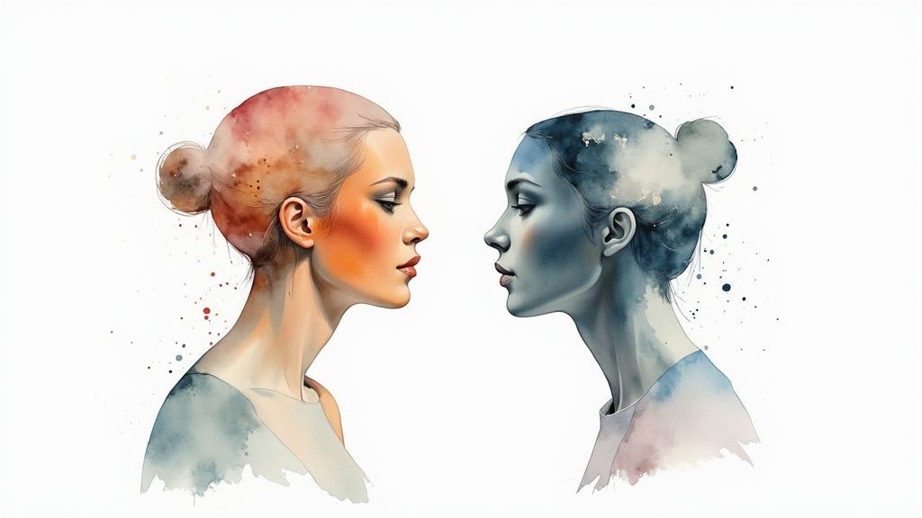 Watercolor illustration of two women's profiles facing each other, one warm, one cool-toned.