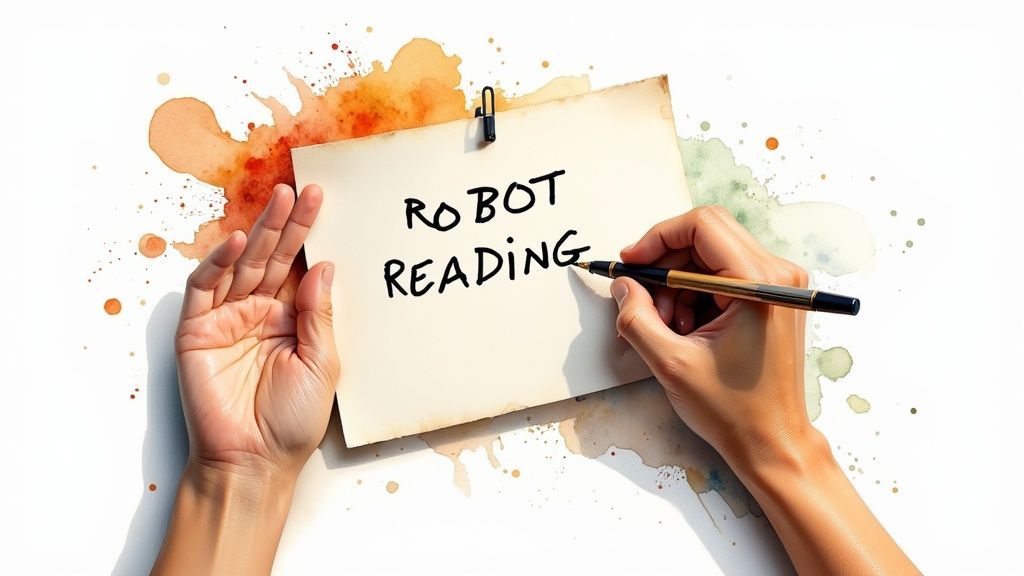 Hands writing 'ROBOT READING' on a paper with a pen, surrounded by watercolor splatters.