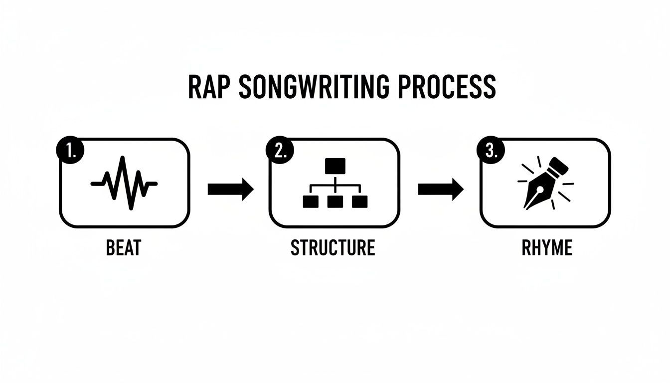 Flowchart illustrating the three-step rap songwriting process: beat, structure, and rhyme.