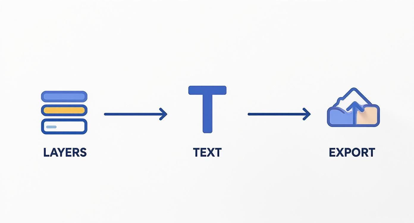 Infographic showing the process flow for must-have album cover design software features Layers, Text, and Export.