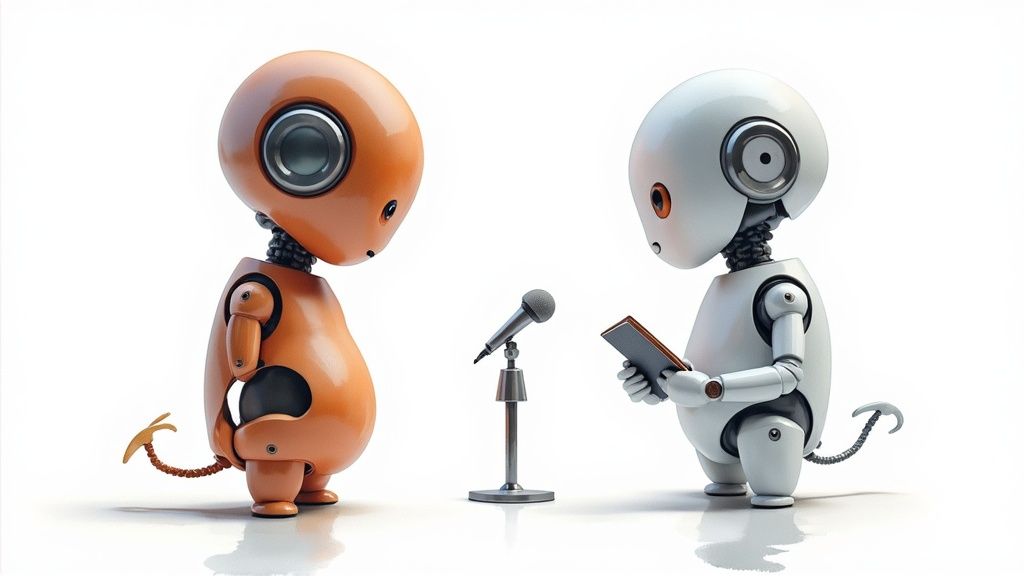 Cute orange and white robots with tails interacting around a microphone on a white background.