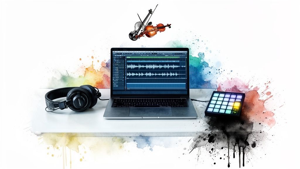 A music production setup with a laptop, headphones, MIDI controller, and violins surrounded by colorful splashes.