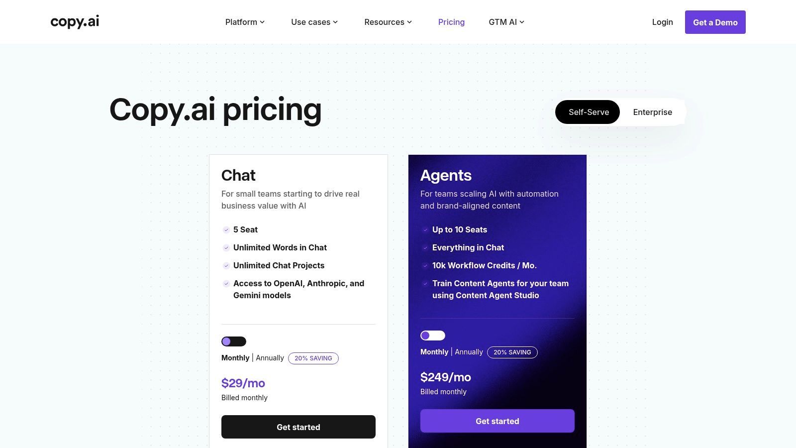 Copy.ai pricing plans showing Chat, Agents, and Enterprise tiers