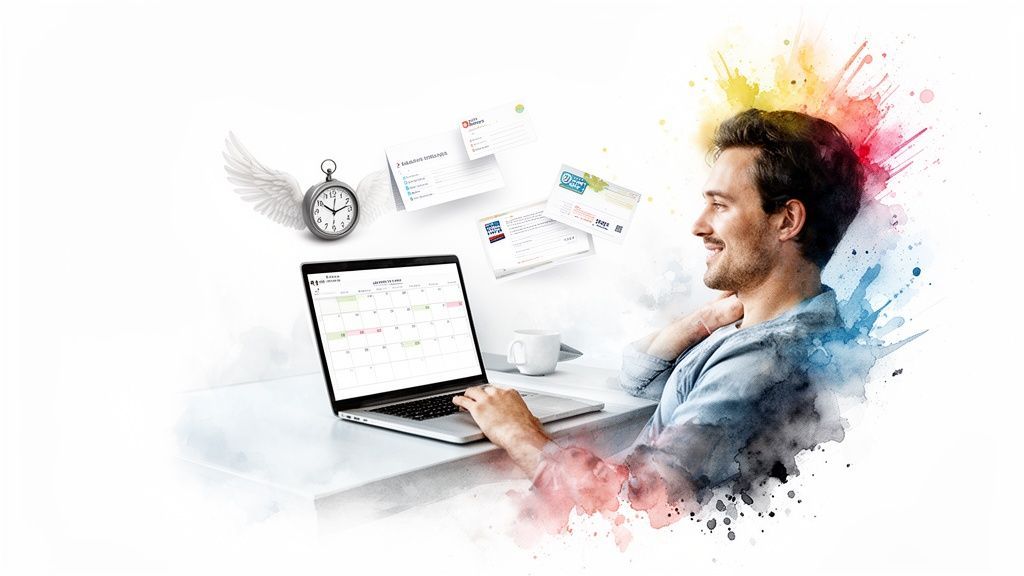 Man happily working on a laptop showing a calendar, with flying documents and a winged clock, symbolizing efficient digital workflow.