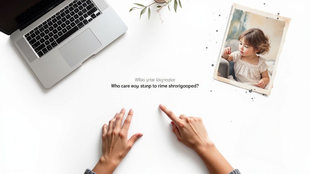 A flat lay of a white desk with a laptop, hands pointing at text, and a child's photo.