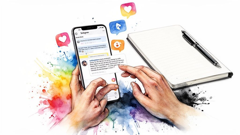 Hands interacting with a smartphone showing a social media app, with colorful engagement icons and a notebook.