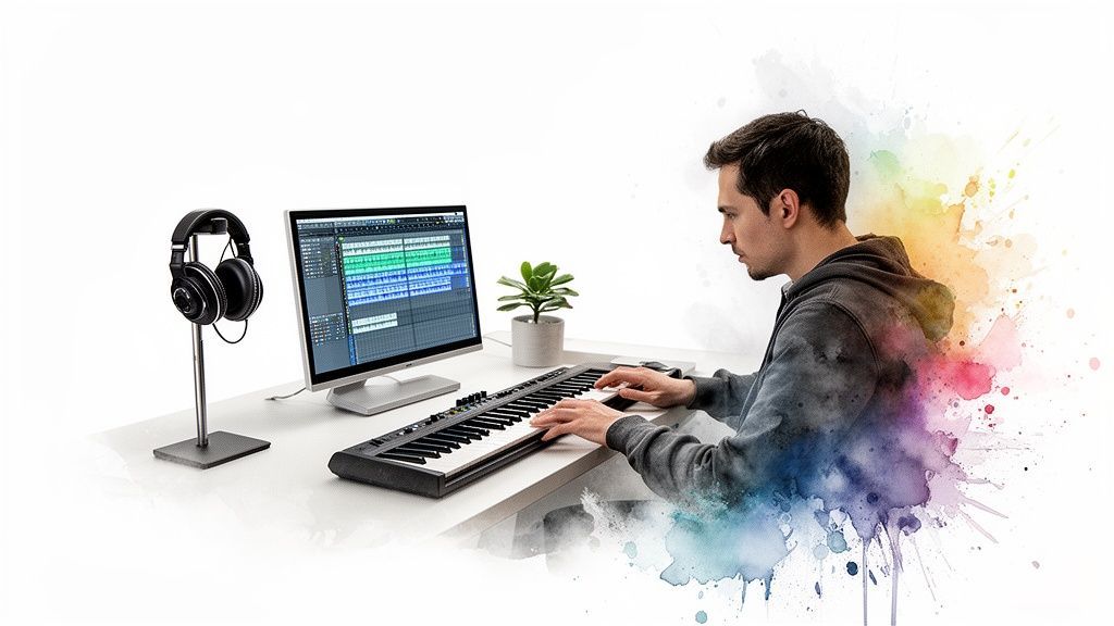 Musician creates rap beats on a MIDI keyboard and computer in a studio setup.