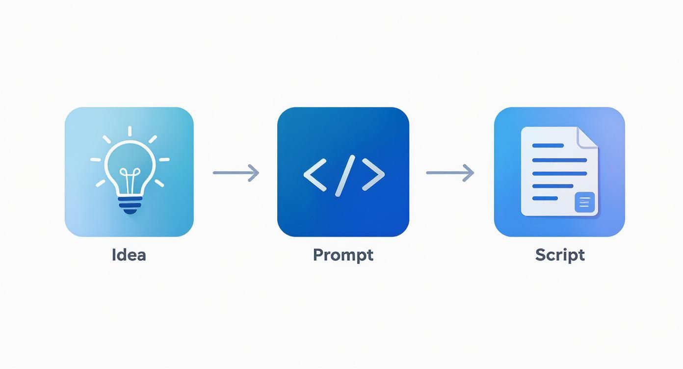A diagram illustrating the creative process from an 'Idea' to a 'Prompt' and finally to a 'Script'.