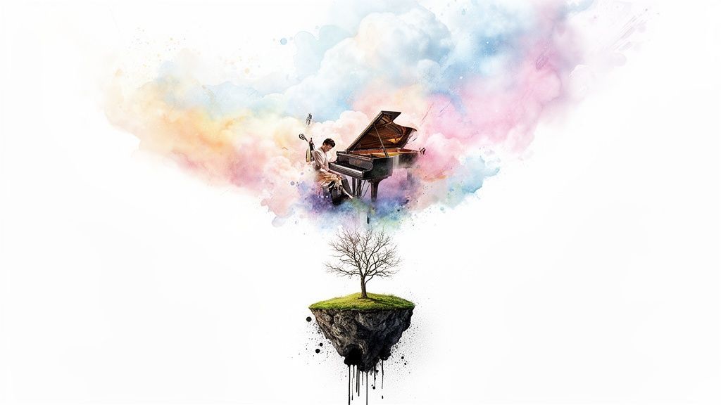 A musician plays a grand piano floating among vibrant watercolor clouds above a solitary tree on a small island.