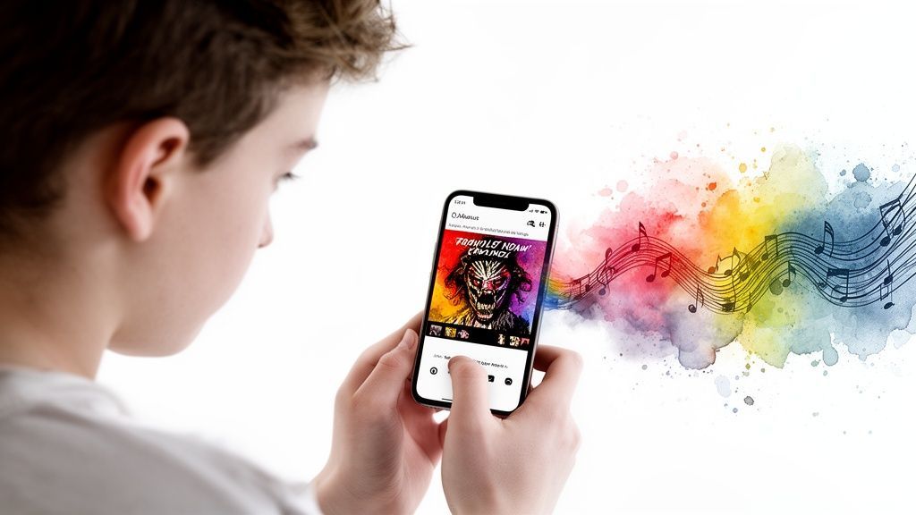 Young person viewing an album on a smartphone with colorful musical notes flowing from it.