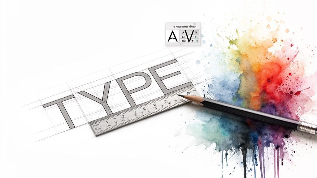 Creative typography design: the word TYPE with a ruler, pencil, and colorful watercolor splashes.