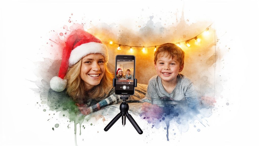 Smiling woman in a Santa hat and a boy taking a Christmas selfie with a phone on a tripod.