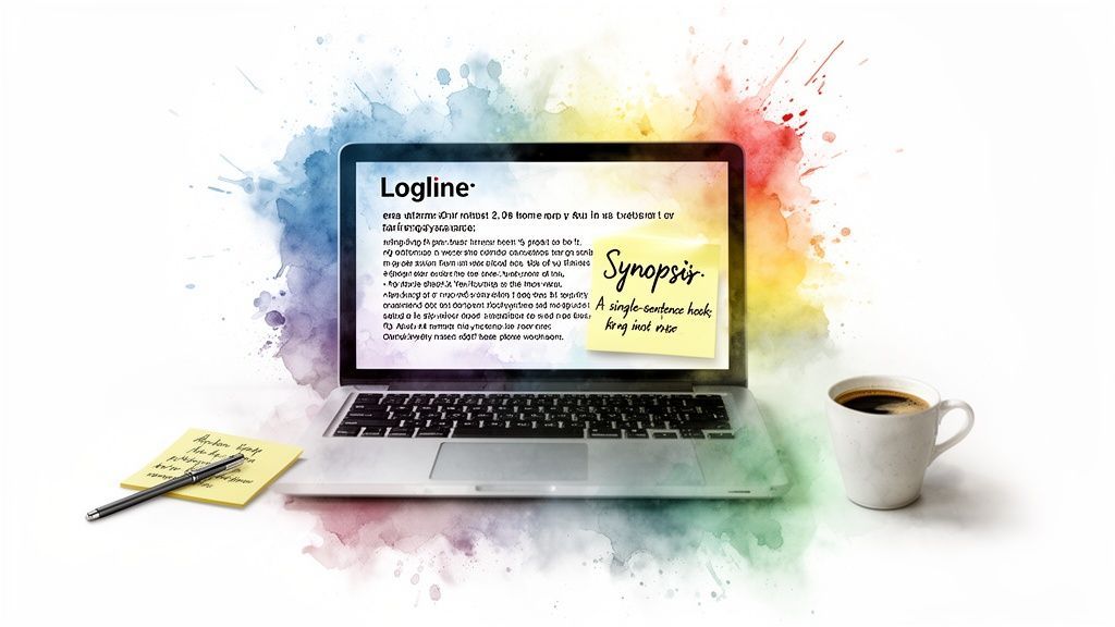 Laptop screen displaying 'Logline' and 'Synopsis' notes, with a coffee cup and pen.