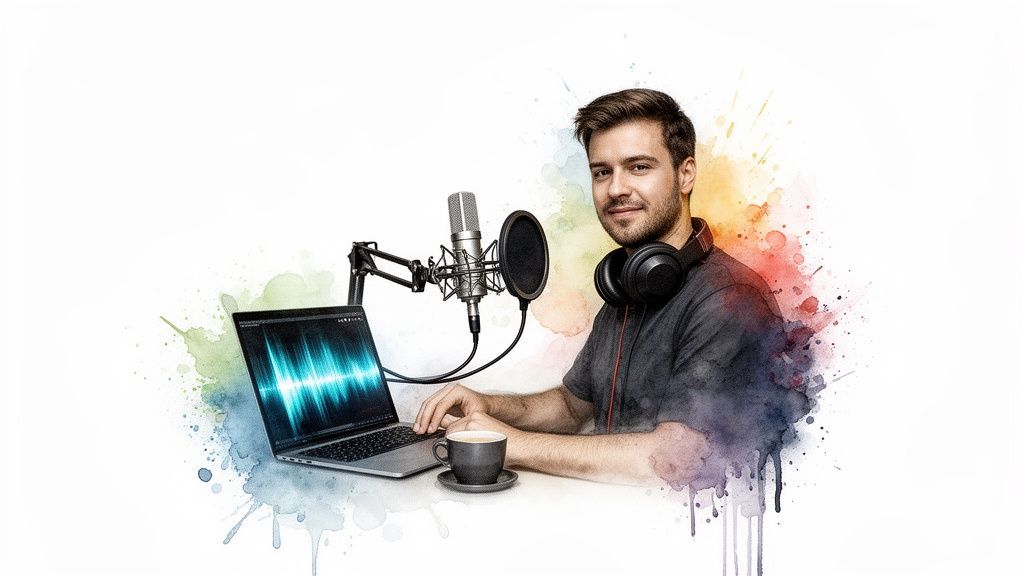 A smiling man with headphones and a studio microphone records audio on a laptop with coffee.