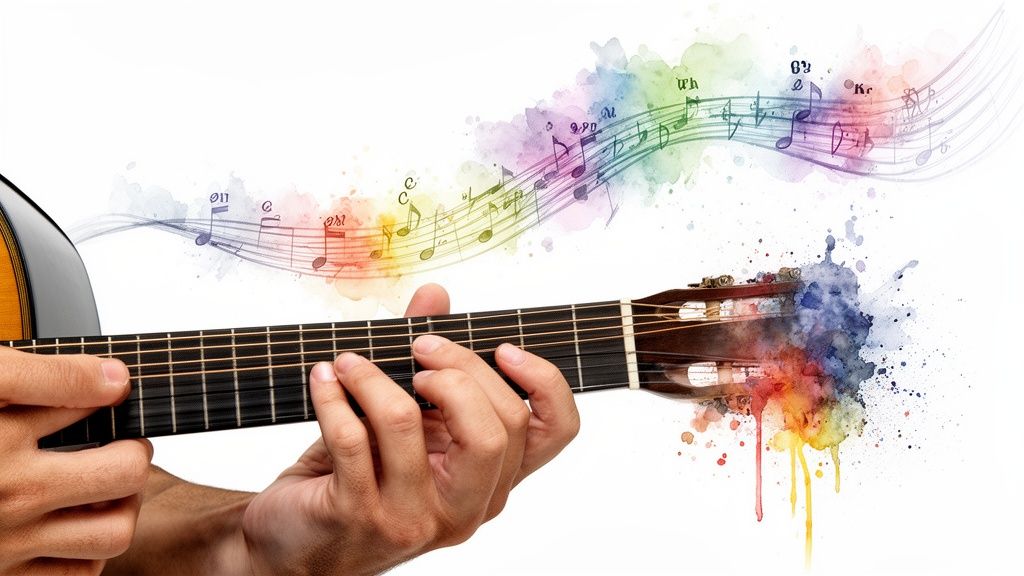Close-up of hands playing an acoustic guitar with colorful watercolor musical notes and splashes.
