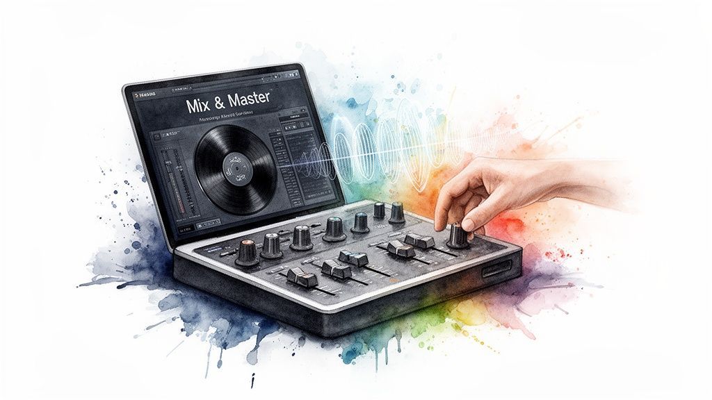Digital music production setup illustration with a DJ mixer, laptop, and hand making adjustments.