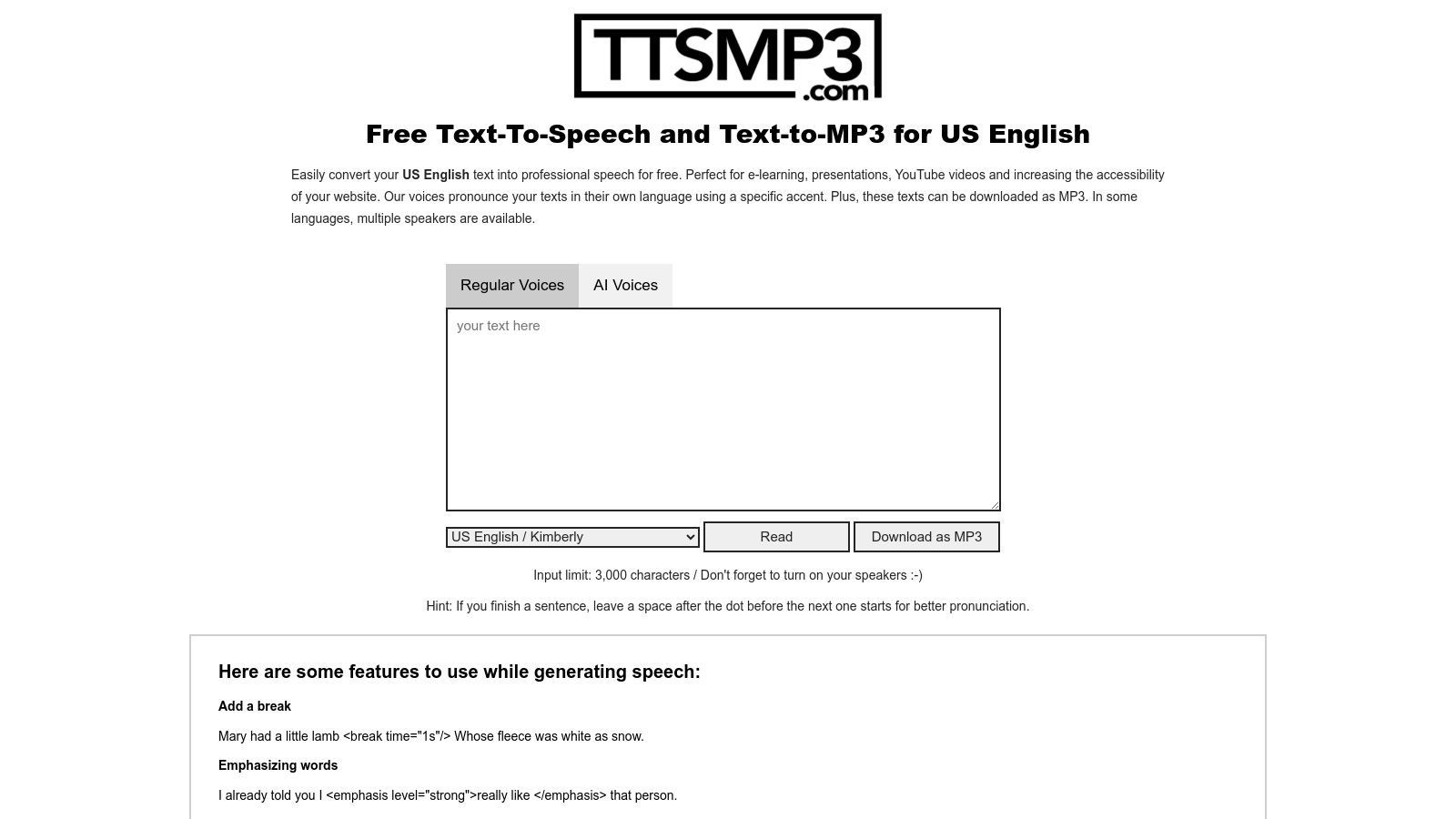 TTSMP3 (AWS Polly-based, free daily limit)